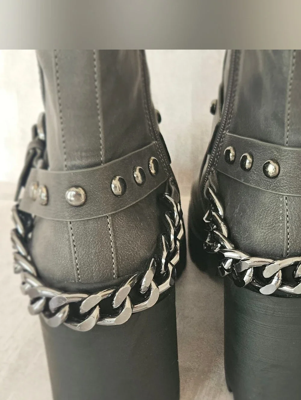 ​Nine West Grey Ankle Boots Chain & Stud Strap Chunky Heel Lug Sole Sz 8.5 M